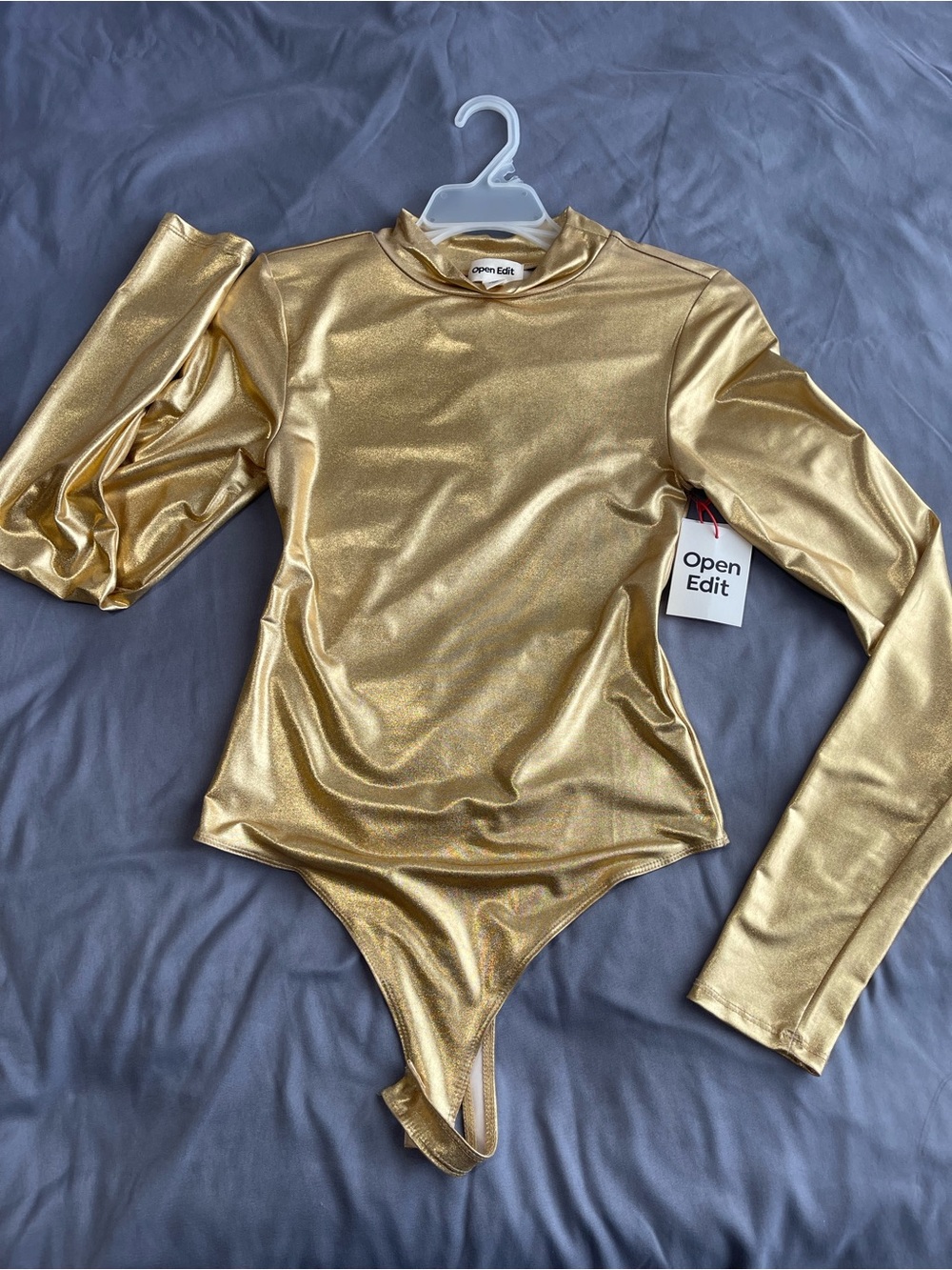Open Edit Metallic Gold Long-Sleeve Bodysuit